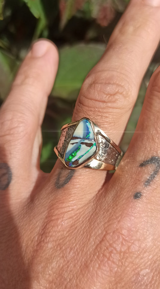 Bague Argent et Or 18cts ~ Opale Boulder, Australie