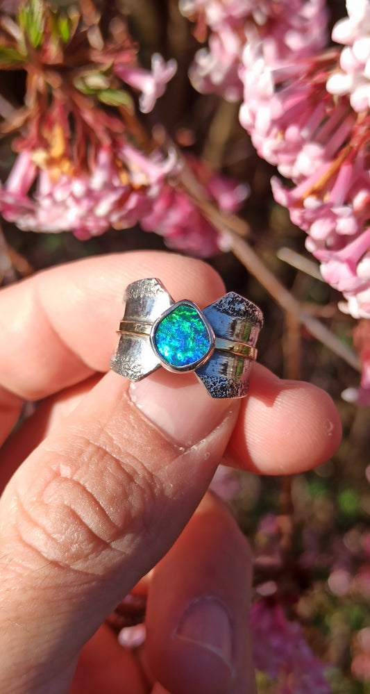 Bague Argent et Or 18cts ~ Opale Boulder, Australie