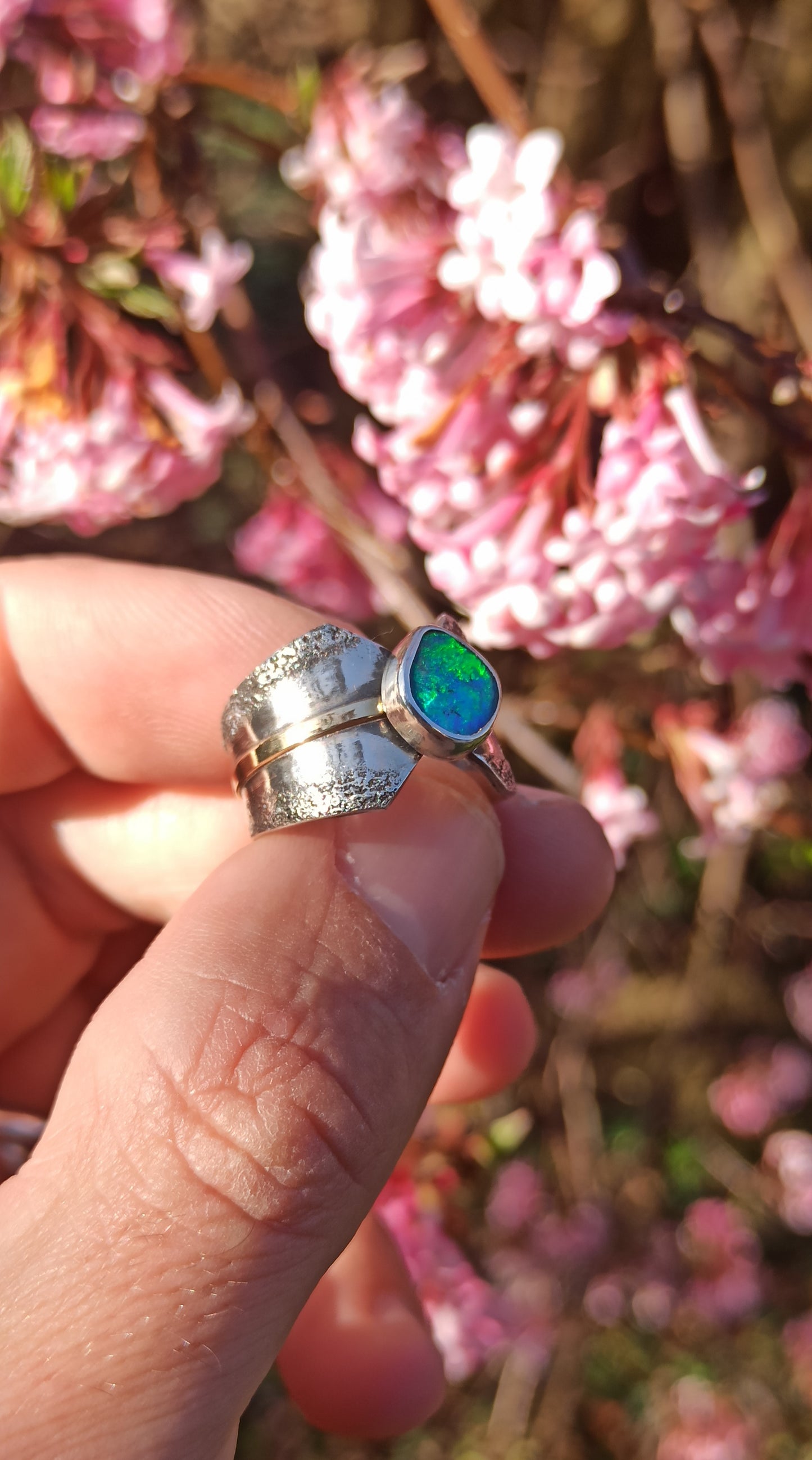 Bague Argent et Or 18cts ~ Opale Boulder, Australie