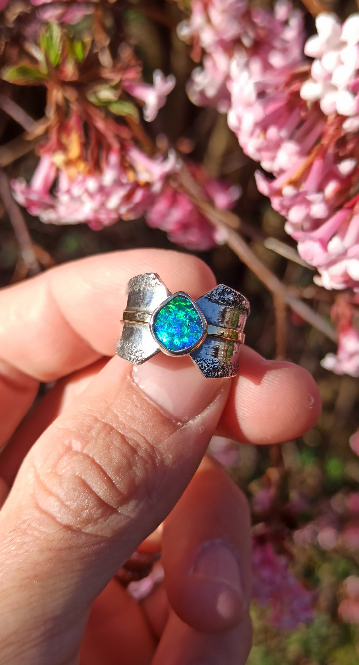 Bague Argent et Or 18cts ~ Opale Boulder, Australie