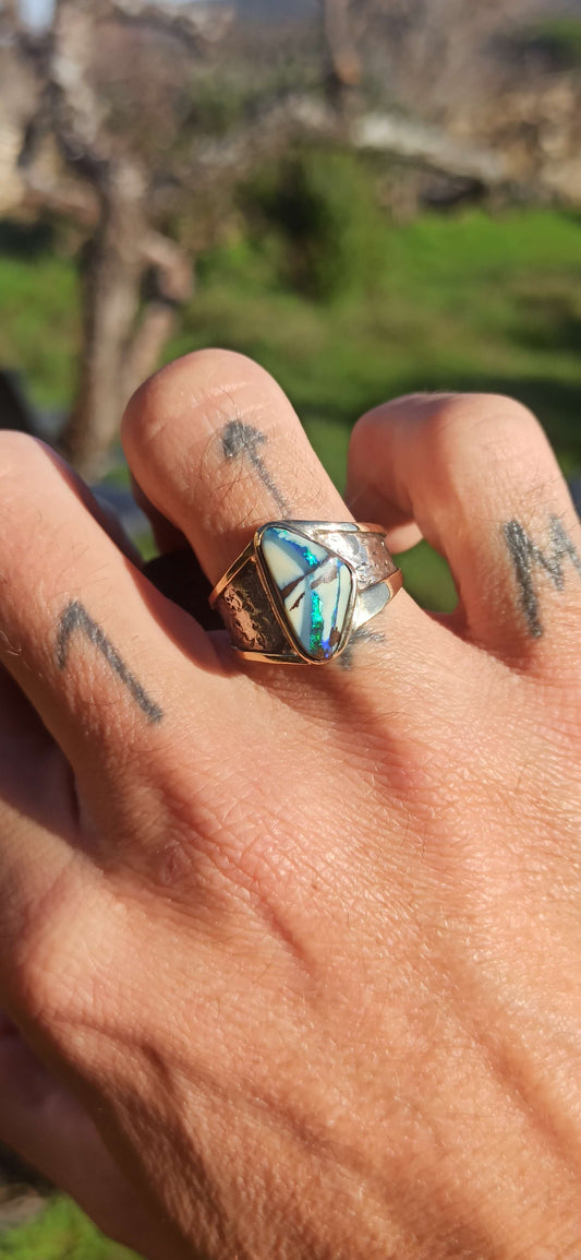 Bague Argent et Or 18cts ~ Opale Boulder, Australie